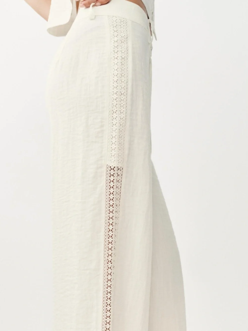 NWOT Zara XS Side Lace Insert Straight Leg Pants Ecru Cream Ivory Linen Look